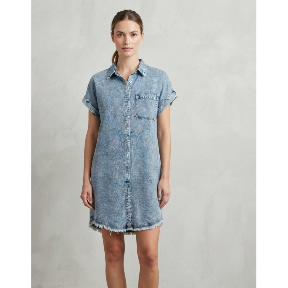 Bluivy Acid Wash Denim Button Down Raw Hem Shirt Dress S